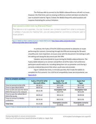 The iPad was able to connect to the WebEx videoconference call with no issues.
                                       However, the iPad limits users to viewing conference content and does not allow the
                                       user to present material. Figure 2 shows the WebEx frequently asked question and
                                       response illustrating this serious limitation.




           Figure 2: WebEx on iPad's inability to present. WebEx FAQ found at http://www.webex.com/products/web-
           conferencing/mobile-iphone-ipad-faq.html.



                                                 In contrast, the Fujitsu STYLISTIC Q702 encountered no obstacles or issues
                                       performing this scenario. Connecting through the VPN and accessing the file went
                                       smoothly and, more important, no issues arose with the document’s formatting or with
                                       the editing and saving the document over the VPN.
                                                 Likewise, we encountered no issues during the WebEx videoconference. The
                                       Fujitsu tablet allowed us to connect and perform all of the tasks a full conference
                                       participant would need to do, including taking their turn as presenter and sharing a
                                       correctly rendered document that others could view and annotate.
                                                 Figure 3 details the times, in minutes:seconds, that it took the tablets to
                                       complete the first scenario. For a full list of compatibility issues we encountered, see
                                       Appendix B.

Time to complete workflow
                                            Fujitsu STYLISTIC Q702                    Apple iPad                        Apple iPad
                                               Microsoft Office                   QuickOffice Pro HD                      Pages
Time to connect to the VPN                          00:18.51                           00:11.80                          00:11.80
Time to open Word DOCX                              00:02.54                           00:07.53                          00:11.99
Time to edit and save the Word                                                     Incomplete Task                   Incomplete Task
                                                     00:21.90
DOCX file back to the network                                                          00:57.95                          00:52.85
Time to save the edited Word
                                                     00:05.62                             00:16.33                       00:09.90
DOCX file locally
Time to connect to WebEx
                                                     00:32.43                             00:15.95                       00:15.95
conference
                                                                                  Incomplete scenario              Incomplete scenario
Total time                                           01:21.00
                                                                                       01:49.56                         01:42.49
Figure 3: Times, in minutes:seconds, that it took the tablets to complete the scenario.




Comparing tablets in secure environments:                                                            A Principled Technologies test report 5
Intel Core i5 vPro processor-based Windows 8 tablet vs. Apple iPad
 