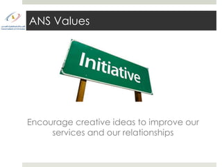 ANS Values




Encourage creative ideas to improve our
     services and our relationships
 