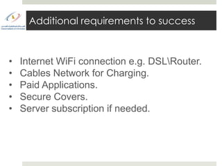 Additional requirements to success



•   Internet WiFi connection e.g. DSLRouter.
•   Cables Network for Charging.
•   Paid Applications.
•   Secure Covers.
•   Server subscription if needed.
 