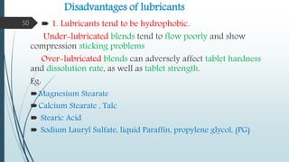 Disadvantages of lubricants
 1. Lubricants tend to be hydrophobic.
Under-lubricated blends tend to flow poorly and show
compression sticking problems
Over-lubricated blends can adversely affect tablet hardness
and dissolution rate, as well as tablet strength.
Eg:
Magnesium Stearate
Calcium Stearate , Talc
 Stearic Acid
 Sodium Lauryl Sulfate, liquid Paraffin, propylene glycol, (PG)
50
 
