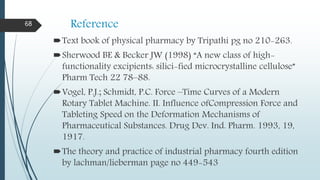 Reference
Text book of physical pharmacy by Tripathi pg no 210-263.
Sherwood BE & Becker JW (1998) “A new class of high-
functionality excipients: silici-fied microcrystalline cellulose”
Pharm Tech 22 78–88.
Vogel, P.J.; Schmidt, P.C. Force –Time Curves of a Modern
Rotary Tablet Machine. II. Influence ofCompression Force and
Tableting Speed on the Deformation Mechanisms of
Pharmaceutical Substances. Drug Dev. Ind. Pharm. 1993, 19,
1917.
The theory and practice of industrial pharmacy fourth edition
by lachman/lieberman page no 449-543
68
 