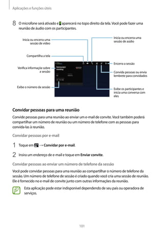 Aplicações e funções úteis
101
8	 O microfone será ativado e aparecerá no topo direito da tela.Você pode fazer uma
reunião de áudio com os participantes.
Exibe o número da sessão
Compartilha a tela
Convida pessoas ou envia
lembrete para convidados
Inicia ou encerra uma
sessão de vídeo
Inicia ou encerra uma
sessão de aúdio
Veriﬁca informaçõe sobre
a sessão
Exibe os participantes e
inicia uma conversa com
eles
Encerra a sessão
Convidar pessoas para uma reunião
Convide pessoas para uma reunião ao enviar um e-mail de convite.Você também poderá
compartilhar um número de reunião ou um número de telefone com as pessoas para
convida-las à reunião.
Convidar pessoas por e-mail
1	 Toque em → Convidar por e-mail.
2	 Insira um endereço de e-mail e toque em Enviar convite.
Convidar pessoas ao enviar um número de telefone da sessão
Você pode convidar pessoas para uma reunião ao compartilhar o número de telefone da
sessão. Um número de telefone de sessão é criado quando você cria uma sessão de reunião.
Ele é fornecido no e-mail de convite junto com outras informações da reunião.
Esta aplicação pode estar indisponível dependendo de seu país ou operadora de
serviços.
 