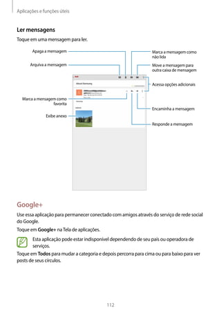 Aplicações e funções úteis
112
Ler mensagens
Toque em uma mensagem para ler.
Exibe anexo
Arquiva a mensagem
Marca a mensagem como
favorita
Apaga a mensagem
Responde a mensagem
Encaminha a mensagem
Marca a mensagem como
não lida
Move a mensagem para
outra caixa de mensagem
Acessa opções adicionais
Google+
Use essa aplicação para permanecer conectado com amigos através do serviço de rede social
do Google.
Toque em Google+ naTela de aplicações.
Esta aplicação pode estar indisponível dependendo de seu país ou operadora de
serviços.
Toque em Todos para mudar a categoria e depois percorra para cima ou para baixo para ver
posts de seus círculos.
 