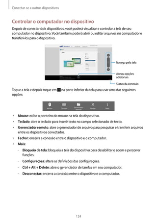 Conectar-se a outros dispositivos
124
Controlar o computador no dispositivo
Depois de conectar dois dispositivos, você poderá visualizar e controlar a tela de seu
computador no dispositivo.Você também poderá abrir ou editar arquivos no computador e
transferi-los para o dispositivo.
Navega pela tela
Acessa opções
adicionais
Status da conexão
Toque a tela e depois toque em na parte inferior da tela para usar uma das seguintes
opções:
• 	Mouse: exibe o ponteiro do mouse na tela do dispositivo.
• 	Teclado: abre o teclado para inserir texto no campo selecionado de texto.
• 	Gerenciador remoto: abre o gerenciador de arquivo para pesquisar e transferir arquivos
entre os dispositivos conectados.
• 	Fechar: encerra a conexão entre o dispositivo e o computador.
• 	Mais:
–– Bloqueio de tela: bloqueia a tela do dispositivo para desabilitar o zoom e percorrer
funções.
–– Configurações: altera as definições das configurações.
–– Ctrl + Alt + Delete: abre o gerenciador de tarefas em seu computador.
–– Desconectar: encerra a conexão entre o dispositivo e o computador.
 