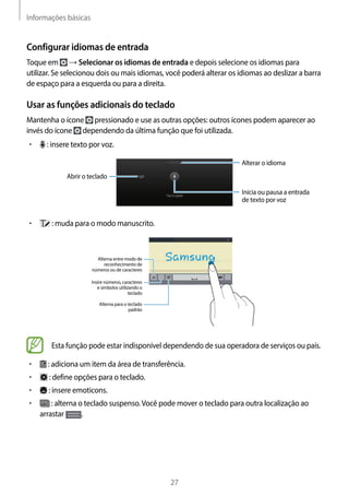 Informações básicas
27
Configurar idiomas de entrada
Toque em → Selecionar os idiomas de entrada e depois selecione os idiomas para
utilizar. Se selecionou dois ou mais idiomas, você poderá alterar os idiomas ao deslizar a barra
de espaço para a esquerda ou para a direita.
Usar as funções adicionais do teclado
Mantenha o ícone pressionado e use as outras opções: outros ícones podem aparecer ao
invés do ícone dependendo da última função que foi utilizada.
• 	 : insere texto por voz.
Alterar o idioma
Abrir o teclado
Inicia ou pausa a entrada
de texto por voz
• 	 : muda para o modo manuscrito.
Alterna entre modo de
reconhecimento de
números ou de caracteres
Insire números, caracteres
e símbolos utilizando o
teclado
Alterna para o teclado
padrão
Esta função pode estar indisponível dependendo de sua operadora de serviços ou país.
• 	 : adiciona um item da área de transferência.
• 	 : define opções para o teclado.
• 	 : insere emoticons.
• 	 : alterna o teclado suspenso.Você pode mover o teclado para outra localização ao
arrastar .
 