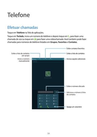 59
Telefone
Efetuar chamadas
Toque em Telefone naTela de aplicações.
Toque em Teclado, insira um número de telefone e depois toque em para fazer uma
chamada de voz ou toque em para fazer uma videochamada.Você também pode fazer
chamadas para números de telefone listados em Grupos, Favoritos e Contatos.
 