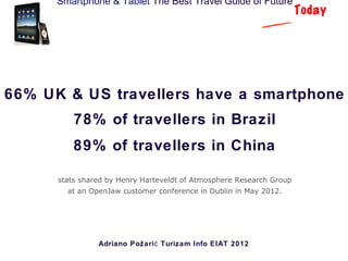 Smartphone & Tablet The Best Travel Guide of Future
                                                                      Today




66% UK & US travellers have a smartphone
          78% of travellers in Brazil
          89% of travellers in China

      stats shared by Henry Harteveldt of Atmosphere Research Group
        at an OpenJaw customer conference in Dublin in May 2012.




                Adriano Požari ć Turizam Info EIAT 2012
 