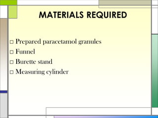 MATERIALS REQUIRED
□ Prepared paracetamol granules
□ Funnel
□ Burette stand
□ Measuring cylinder
 