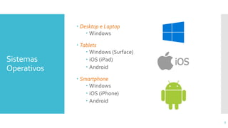 Sistemas
Operativos
 Desktop e Laptop
 Windows
 Tablets
 Windows (Surface)
 iOS (iPad)
 Android
 Smartphone
 Windows
 iOS (iPhone)
 Android
5
 