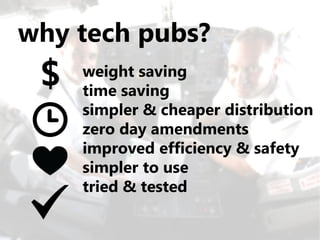 why tech pubs?
 $   weight saving
     time saving
     simpler & cheaper distribution
     zero day amendments
     improved efficiency & safety
     simpler to use
     tried & tested
 