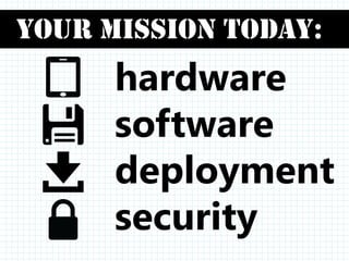 Your mission today:
      hardware
      software
      deployment
      security
 