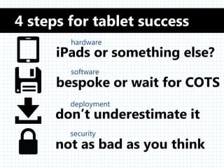 4 steps for tablet success
        hardware
      iPads or something else?
        software
      bespoke or wait for COTS
        deployment
      don’t underestimate it
        security
      not as bad as you think
 