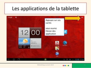 Les applications de la tablette 
Appuyez sur ces carrés 
vous ouvrez l’écran des application 
Médiathèque Lorient 2014 20 
 