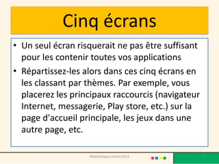 Cinq écrans 
•Un seul écran risquerait ne pas être suffisant pour les contenir toutes vos applications 
•Répartissez-les alors dans ces cinq écrans en les classant par thèmes. Par exemple, vous placerez les principaux raccourcis (navigateur Internet, messagerie, Play store, etc.) sur la page d'accueil principale, les jeux dans une autre page, etc. 
Médiathèque Lorient 2014 23 
 