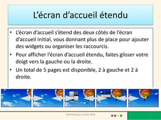 L’écran d’accueil étendu 
•L’écran d’accueil s’étend des deux côtés de l’écran d’accueil initial, vous donnant plus de place pour ajouter des widgets ou organiser les raccourcis. 
•Pour afficher l’écran d’accueil étendu, faites glisser votre doigt vers la gauche ou la droite. 
•Un total de 5 pages est disponible, 2 à gauche et 2 à droite. 
Médiathèque Lorient 2013 24 2014 
 