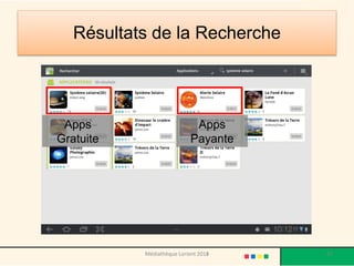 Résultats de la Recherche 
Apps à l’honneur 
Apps Gratuite 
Apps Payante 
Médiathèque Lorient 2013 67 2014 
 