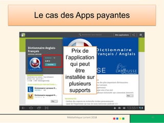 Le cas des Apps payantes 
Apps à l’honneur 
Prix de l’application qui peut être installée sur plusieurs supports 
Médiathèque Lorient 2013 76 2014 
 