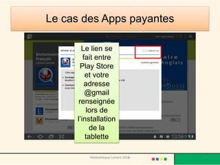 Le cas des Apps payantes 
Apps à l’honneur 
Le lien se fait entre Play Store et votre adresse @gmailrenseignée lors de l’installation de la tablette 
Médiathèque Lorient 2013 77 2014 
 