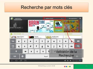 Recherche par mots clés 
Apps à l’honneur 
Validation de la Recherche 
Médiathèque Lorient 2013 
111 
2014  