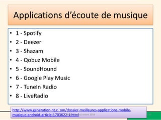 Applications d’écoute de musique 
•1 - Spotify 
•2 - Deezer 
•3 - Shazam 
•4 - Qobuz Mobile 
•5 - SoundHound 
•6 - Google Play Music 
•7 - TuneIn Radio 
•8 - LiveRadio 
http://www.generation-nt.c om/dossier-meilleures-applications-mobile- musique-android-article-1703622-1.html 
124 
Médiathèque Lorient 2014  