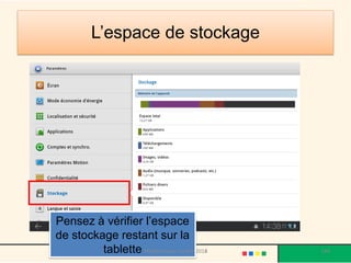 L’espace de stockage 
Pensez à vérifier l’espace de stockage restant sur la tablette 
Médiathèque Lorient 2013 
184 
2014  