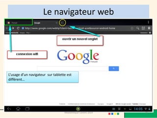 Le navigateur web 
L’usage d’un navigateur sur tablette est différent… 
78 
Médiathèque Lorient 2014  