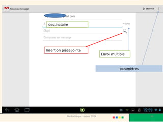 destinataire 
Envoi multiple 
Insertion pièce jointe 
paramètres 
89 
Médiathèque Lorient 2014  