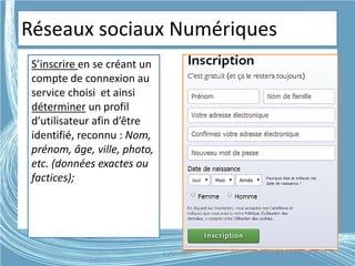 Réseaux sociaux Numériques
S’inscrire en se créant un
compte de connexion au
service choisi et ainsi
déterminer un profil
d’utilisateur afin d’être
identifié, reconnu : Nom,
prénom, âge, ville, photo,
etc. (données exactes ou
factices);
G.VM - 2015
 