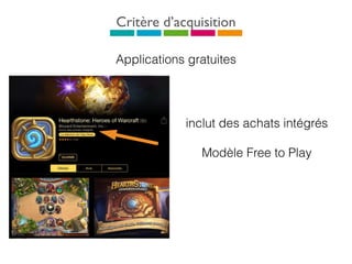 Critère d’acquisition
Applications gratuites
inclut des achats intégrés
Modèle Free to Play
 