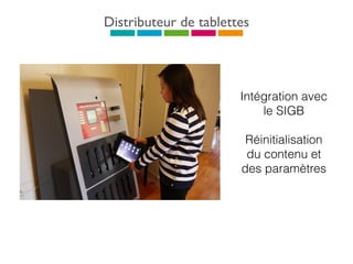 Distributeur de tablettes
Intégration avec
le SIGB
Réinitialisation
du contenu et
des paramètres
 
