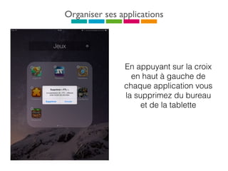 Organiser ses applications
En appuyant sur la croix
en haut à gauche de
chaque application vous
la supprimez du bureau
et de la tablette
 
