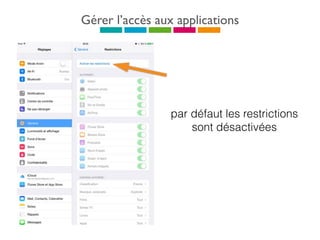 Gérer l’accès aux applications
par défaut les restrictions
sont désactivées
 