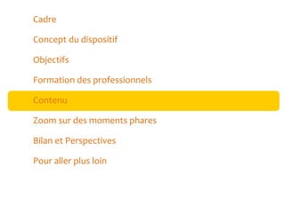 Cadre
Concept du dispositif
Objectifs
Formation des professionnels
Contenu
Zoom sur des moments phares
Bilan et Perspectives
Pour aller plus loin

 