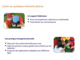 Zoom sur quelques moments phares

Un support fédérateur
 Vivre une expérience collective ou individuelle
 Transmettre ses connaissances

Une pratique intergénérationnelle
 Découvrir des outils interactifs pour tous
 Aider les parents à mieux guider leurs enfants sur les
tablettes
 Proposer des applications adaptées aux différents
âges

 