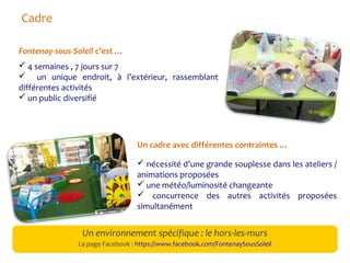 Cadre
Fontenay-sous-Soleil c’est …
 4 semaines , 7 jours sur 7
 un unique endroit, à l’extérieur, rassemblant
différentes activités
 un public diversifié

Un cadre avec différentes contraintes …
 nécessité d’une grande souplesse dans les ateliers /
animations proposées
 une météo/luminosité changeante
 concurrence des autres activités proposées
simultanément

Un environnement spécifique : le hors-les-murs
La page Facebook : https://www.facebook.com/FontenaySousSoleil

 
