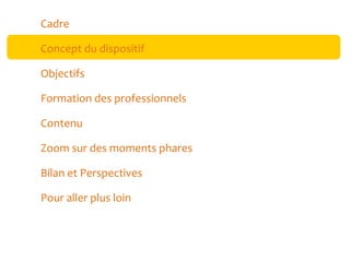 Cadre
Concept du dispositif
Objectifs
Formation des professionnels
Contenu
Zoom sur des moments phares
Bilan et Perspectives
Pour aller plus loin

 