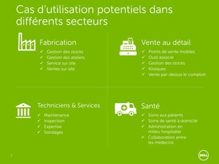 7
Cas d’utilisation potentiels dans
différents secteurs
Fabrication
 Gestion des stocks
 Gestion des ateliers
 Service sur site
 Ventes sur site
Vente au détail
 Points de vente mobiles
 Outil associé
 Gestion des stocks
 Kiosques
 Vente par-dessus le comptoir
Santé
 Soins aux patients
 Soins de santé à domicile
 Administration en
milieu hospitalier
 Collaboration entre
les médecins
Techniciens & Services
 Maintenance
 Inspection
 Expertise
 Sondages
 