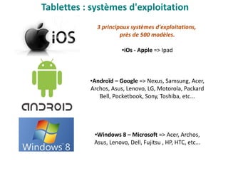 Tablettes : systèmes d'exploitation
3 principaux systèmes d'exploitations,
près de 500 modèles.
●iOs - Apple => Ipad
●Androïd – Google => Nexus, Samsung, Acer,
Archos, Asus, Lenovo, LG, Motorola, Packard
Bell, Pocketbook, Sony, Toshiba, etc...
●Windows 8 – Microsoft => Acer, Archos,
Asus, Lenovo, Dell, Fujitsu , HP, HTC, etc...
 