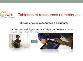 3. Une offre en ressources à structurer
La ressource doit passer à « l’âge de l’élève » (être utilisée,
manipulée voire produite prioritairement par les élèves eux-mêmes).
Tablettes et ressources numériques
 