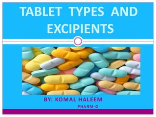 BY: KOMAL HALEEM
PHARM-D
TABLET TYPES AND
EXCIPIENTS
 