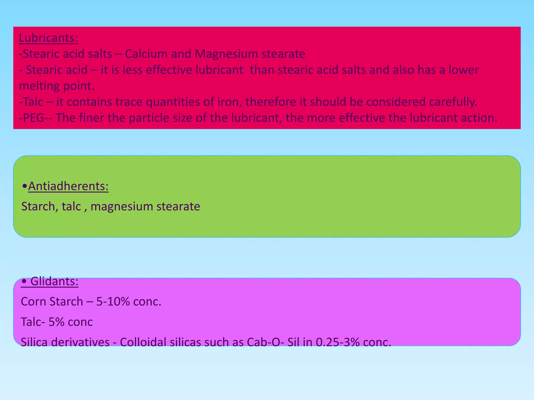 •Antiadherents:
Starch, talc , magnesium stearate
• Glidants:
Corn Starch – 5-10% conc.
Talc- 5% conc
Silica derivatives - Colloidal silicas such as Cab-O- Sil in 0.25-3% conc.
Lubricants:
-Stearic acid salts – Calcium and Magnesium stearate
- Stearic acid – it is less effective lubricant than stearic acid salts and also has a lower
melting point.
-Talc – it contains trace quantities of iron, therefore it should be considered carefully.
-PEG-- The finer the particle size of the lubricant, the more effective the lubricant action.
 
