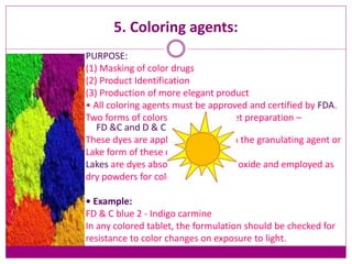 5. Coloring agents:
PURPOSE:
(1) Masking of color drugs
(2) Product Identification
(3) Production of more elegant product
• All coloring agents must be approved and certified by FDA.
Two forms of colors are used in tablet preparation –
FD &C and D & C dyes.
These dyes are applied as solution in the granulating agent or
Lake form of these dyes.
Lakes are dyes absorbed on hydrous oxide and employed as
dry powders for coloring.
• Example:
FD & C blue 2 - Indigo carmine
In any colored tablet, the formulation should be checked for
resistance to color changes on exposure to light.
 