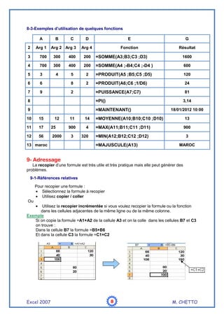 Excel 2007 M. CHETTO
8
8
8
8
8-3-Exemples d’utilisation de quelques fonctions
A B C D E G
2 Arg 1 Arg 2 Arg 3 Arg 4 Fonction Résultat
3 700 300 400 200 =SOMME(A3;B3;C3 ;D3) 1600
4 700 300 400 200 =SOMME(A4 ;-B4;C4 ;-D4 ) 600
5 3 4 5 2 =PRODUIT(A5 ;B5;C5 ;D5) 120
6 6 8 2 =PRODUIT(A6;C6 ;1/D6) 24
7 9 2 =PUISSANCE(A7;C7) 81
8 =PI() 3,14
9 =MAINTENANT() 18/01/2012 10:00
10 15 12 11 14 =MOYENNE(A10;B10;C10 ;D10) 13
11 17 25 900 4 =MAX(A11;B11;C11 ;D11) 900
12 56 2000 3 320 =MIN(A12;B12;C12 ;D12) 3
13 maroc =MAJUSCULE(A13) MAROC
9- Adressage
La recopier d’une formule est très utile et très pratique mais elle peut générer des
problèmes.
9-1-Références relatives
Pour recopier une formule :
• Sélectionnez la formule à recopier
• Utilisez copier / coller
Ou
• Utilisez la recopier incrémentée si vous voulez recopier la formule ou la fonction
dans les cellules adjacentes de la même ligne ou de la même colonne.
Exemple
Si on copie la formule =A1+A2 de la cellule A3 et on la colle dans les cellules B7 et C3
on trouve :
Dans la cellule B7 la formule =B5+B6
Et dans la cellule C3 la formule =C1+C2
 