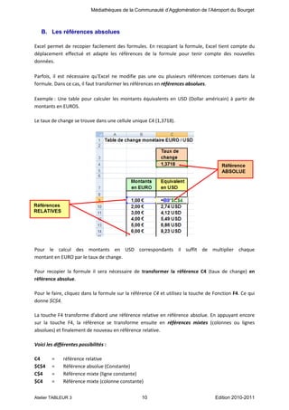 Médiathèques de la Communauté d’Agglomération de l’Aéroport du Bourget

B. Les références absolues
Excel permet de recopier facilement des formules. En recopiant la formule, Excel tient compte du
déplacement effectué et adapte les références de la formule pour tenir compte des nouvelles
données.
Parfois, il est nécessaire qu'Excel ne modifie pas une ou plusieurs références contenues dans la
formule. Dans ce cas, il faut transformer les références en références absolues.
Exemple : Une table pour calculer les montants équivalents en USD (Dollar américain) à partir de
montants en EUROS.
Le taux de change se trouve dans une cellule unique C4 (1,3718).

Référence
ABSOLUE

Références
RELATIVES

Pour le calcul des montants en USD correspondants il suffit de multiplier chaque
montant en EURO par le taux de change.
Pour recopier la formule il sera nécessaire de transformer la référence C4 (taux de change) en
référence absolue.
Pour le faire, cliquez dans la formule sur la référence C4 et utilisez la touche de Fonction F4. Ce qui
donne $C$4.
La touche F4 transforme d'abord une référence relative en référence absolue. En appuyant encore
sur la touche F4, la référence se transforme ensuite en références mixtes (colonnes ou lignes
absolues) et finalement de nouveau en référence relative.
Voici les différentes possibilités :
C4
$C$4
C$4
$C4

=
=
=
=

référence relative
Référence absolue (Constante)
Référence mixte (ligne constante)
Référence mixte (colonne constante)

Atelier TABLEUR 3

10

Edition 2010-2011

 