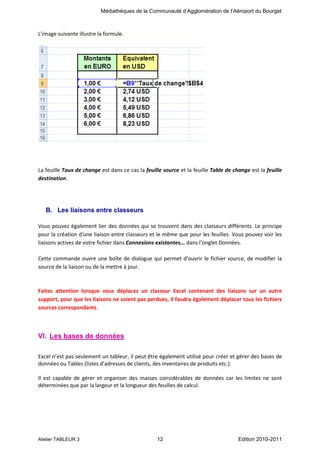 Médiathèques de la Communauté d’Agglomération de l’Aéroport du Bourget

L'image suivante illustre la formule.

La feuille Taux de change est dans ce cas la feuille source et la feuille Table de change est la feuille
destination.

B. Les liaisons entre classeurs
Vous pouvez également lier des données qui se trouvent dans des classeurs différents. Le principe
pour la création d'une liaison entre classeurs et le même que pour les feuilles. Vous pouvez voir les
liaisons actives de votre fichier dans Connexions existantes... dans l’onglet Données.
Cette commande ouvre une boîte de dialogue qui permet d'ouvrir le fichier source, de modifier la
source de la liaison ou de la mettre à jour.

Faites attention lorsque vous déplacez un classeur Excel contenant des liaisons sur un autre
support, pour que les liaisons ne soient pas perdues, il faudra également déplacer tous les fichiers
sources correspondants.

VI. Les bases de données
Excel n’est pas seulement un tableur, il peut être également utilisé pour créer et gérer des bases de
données ou Tables (listes d’adresses de clients, des inventaires de produits etc.).
Il est capable de gérer et organiser des masses considérables de données car les limites ne sont
déterminées que par la largeur et la longueur des feuilles de calcul.

Atelier TABLEUR 3

12

Edition 2010-2011

 