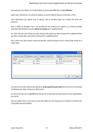 Médiathèques de la Communauté d’Agglomération de l’Aéroport du Bourget

Vous pouvez aussi utiliser, de la même façon, la commande Trier dans l’onglet Données.
Après avoir sélectionné une cellule du tableau ou tout le tableau cliquez sur Données…/Trier...
Excel sélectionne par défaut tout le tableau sauf la première ligne qui contient les titres des
colonnes.
Dans la boîte de dialogue Trier il est possible de trier d'abord par rapport à un champ principal
(exemple Code Postal) et ensuite Ajouter un niveau de tri supplémentaire.
Ex : base triée par Code Postal puis dans chaque code postal, par Nom (niveau de tri supplémentaire)
puis dans chaque Nom, par prénom (niveau de tri supplémentaire).
Ceci s'avère très utile lorsque la base de données contient plusieurs fois le même Code Postal et le
même Nom.

Le choix entre du plus petit au plus grand ou du plus grand au plus petit permet de trier les données
numériques par ordre croissant ou décroissant.
Le choix entre de A à Z ou de Z à A permet de trier les données de type texte par ordre alphabétique
ou inverse.
Dans les options de tri, vous pouvez aussi demander de trier de gauche vers la droite en fonction de
l'orientation de votre tableau.

Atelier TABLEUR 3

15

Edition 2010-2011

 