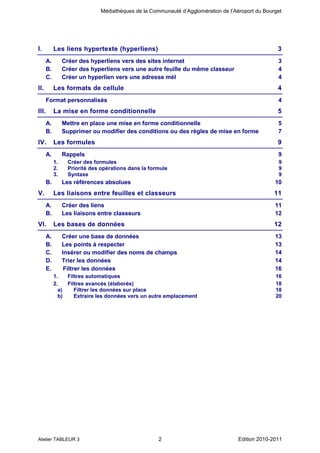 Médiathèques de la Communauté d’Agglomération de l’Aéroport du Bourget

I.

Les liens hypertexte (hyperliens)
A.
B.
C.

II.

3

Créer des hyperliens vers des sites internet
Créer des hyperliens vers une autre feuille du même classeur
Créer un hyperlien vers une adresse mél

3
4
4

Les formats de cellule

4

Format personnalisés

III.

4

La mise en forme conditionnelle
A.
B.

IV.

Mettre en place une mise en forme conditionnelle
Supprimer ou modifier des conditions ou des règles de mise en forme

9

Rappels

9

1.
2.
3.

V.

Créer des formules
Priorité des opérations dans la formule
Syntaxe

Les références absolues

VI.
A.
B.
C.
D.
E.

Créer des liens
Les liaisons entre classeurs

11
11
12

Les bases de données

12

Créer une base de données
Les points à respecter
Insérer ou modifier des noms de champs
Trier les données
Filtrer les données
1.
Filtres automatiques
2.
Filtres avancés (élaborés)
a)
Filtrer les données sur place
b)
Extraire les données vers un autre emplacement

Atelier TABLEUR 3

9
9
9

10

Les liaisons entre feuilles et classeurs
A.
B.

5
7

Les formules

A.

B.

5

2

13
13
14
14
16
16
18
18
20

Edition 2010-2011

 