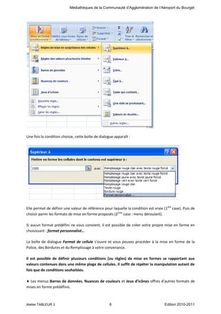 Médiathèques de la Communauté d’Agglomération de l’Aéroport du Bourget

Une fois la condition choisie, cette boîte de dialogue apparaît :

Elle permet de définir une valeur de référence pour laquelle la condition est vraie (1ère case). Puis de
choisir parmi les formats de mise en forme proposés (2ème case : menu déroulant).
Si aucun format prédéfini ne vous convient, il est possible de créer votre propre mise en forme en
choisissant : format personnalisé…
La boîte de dialogue Format de cellule s'ouvre et vous pouvez procéder à la mise en forme de la
Police, des Bordures et du Remplissage à votre convenance.
Il est possible de définir plusieurs conditions (ou règles) de mise en formes se rapportant aux
valeurs contenues dans une même plage de cellules. Il suffit de répéter la manipulation autant de
fois que de conditions souhaitées.
Les menus Barres de données, Nuances de couleurs et Jeux d’icônes offres d’autres formats de
mises en forme prédéfinis.

Atelier TABLEUR 3

6

Edition 2010-2011

 