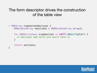 - (NSArray *)generateSections {
NSMutableArray *sections = [NSMutableArray array];
!
for (NSDictionary *rawSection in self.descriptor) {
/* Sections and Cells are built here */
}
return sections;
}
The form descriptor drives the construction 

of the table view
 