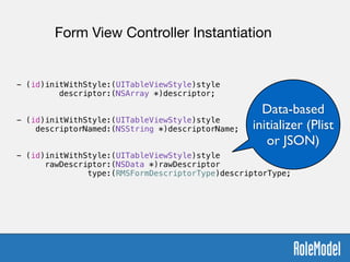!
- (id)initWithStyle:(UITableViewStyle)style  
descriptor:(NSArray *)descriptor;
!
!
- (id)initWithStyle:(UITableViewStyle)style  
descriptorNamed:(NSString *)descriptorName;
!
!
- (id)initWithStyle:(UITableViewStyle)style  
rawDescriptor:(NSData *)rawDescriptor  
type:(RMSFormDescriptorType)descriptorType;
Form View Controller Instantiation
Data-based
initializer (Plist
or JSON)
 